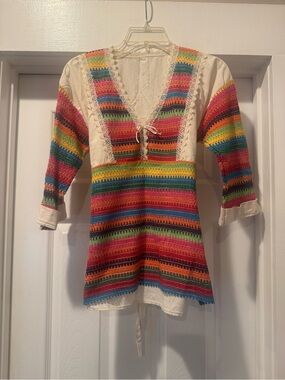 Boho Multi-Color Crochet V-Neck Women's Blouse